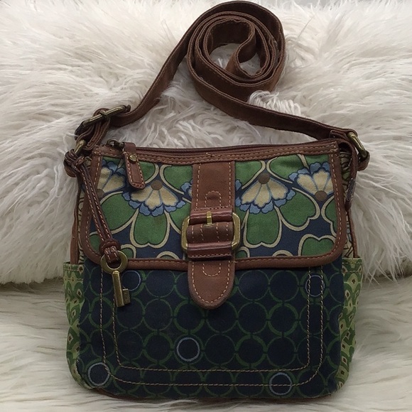 Fossil Handbags - Fossil Green Print Canvas Crossbody Bag